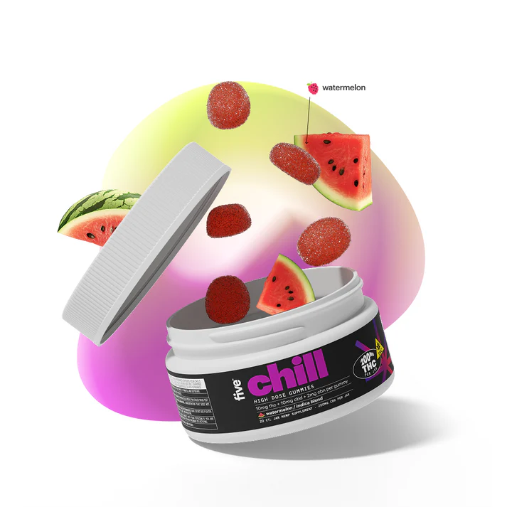 five_High_Dose_-_Indica_Chill_10mg_THC_Delta-9_Gummies_-_Watermelon_w_Fruit_PDP_Image-01